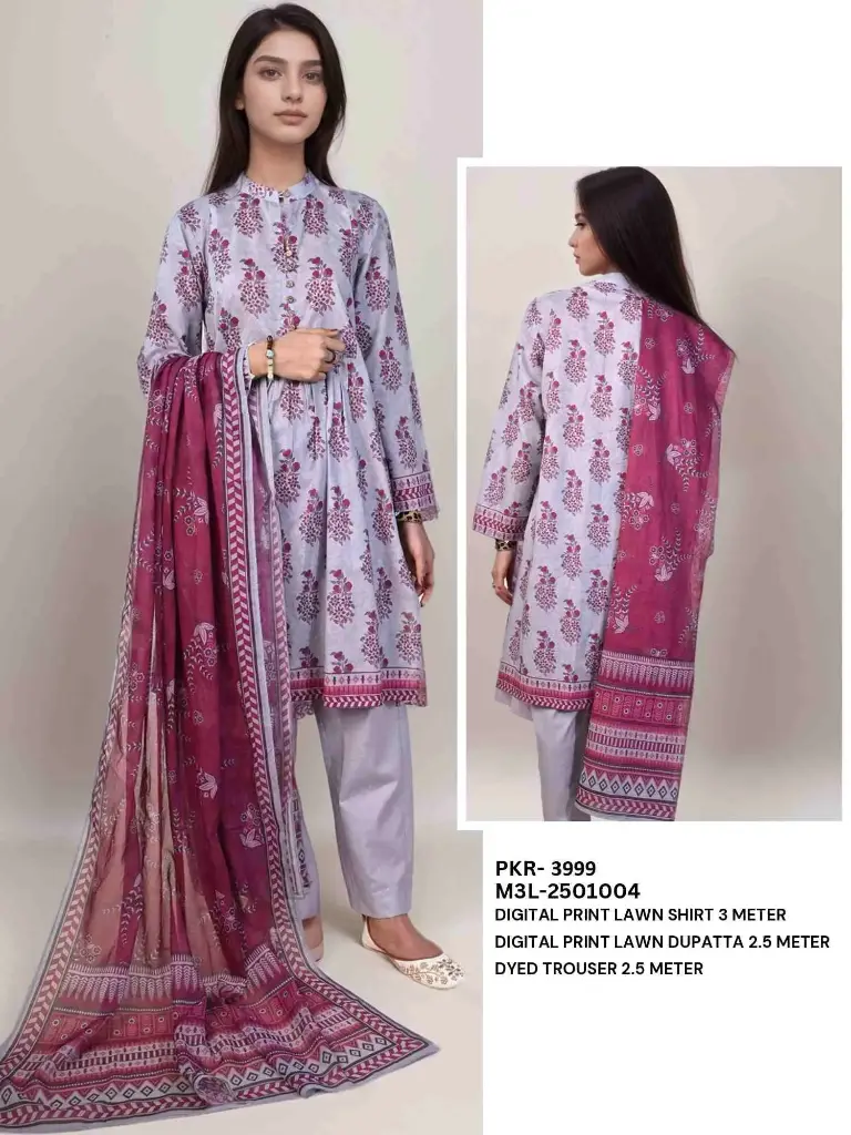 MIZAJ AFREEN SUMMER , Premium Elegant Grey & Maroon Digital Printed Lawn Suit 